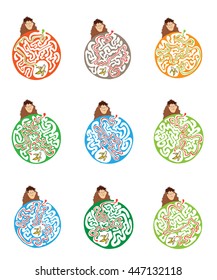 Set of maze puzzle for kids with monkey and banana. Labyrinth illustration, solution included.