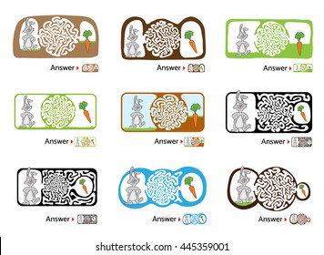 Set of maze puzzle for kids with rabbit and carrot. Labyrinth illustration, solution included.