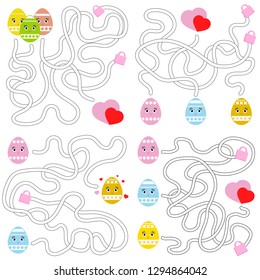 A set of mazes. Cartoon style. Visual worksheets. Activity page. Game for kids. Puzzle for children. Maze conundrum. Color vector illustration