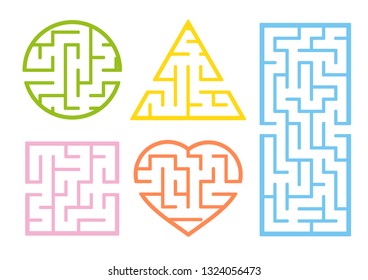 A set of mazes. Cartoon style. Visual worksheets. Activity page. Game for kids. Puzzle for children. Maze conundrum. Color vector illustration