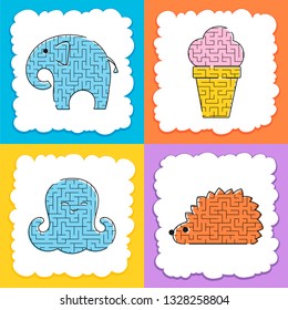 A set of mazes. Cartoon style. Visual worksheets. Activity page. Game for kids. Puzzle for children. Maze conundrum. Color vector illustration