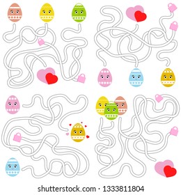 Un conjunto de laberintos. Estilo de dibujos animados. Hojas de cálculo visuales. Página de actividad. Juego para niños. Puzzle para niños. El enigma del laberinto. Ilustración vectorial de color