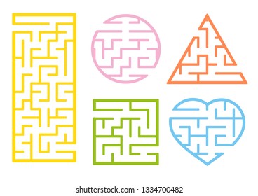 A set of mazes. Cartoon style. Visual worksheets. Activity page. Game for kids. Puzzle for children. Maze conundrum. Color vector illustration