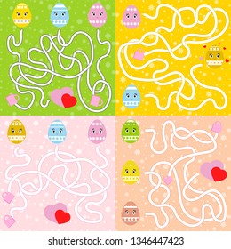 A set of mazes. Cartoon style. Visual worksheets. Activity page. Game for kids. Puzzle for children. Maze conundrum. Color vector illustration