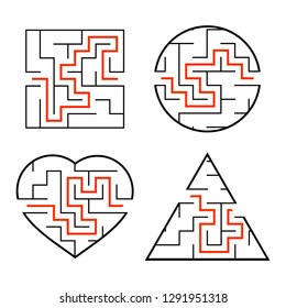 A set of mazes. Circle, square, triangle, heart. Game for kids. Puzzle for children. One entrances, one exit. Labyrinth conundrum. Flat vector illustration isolated on white background. With answer