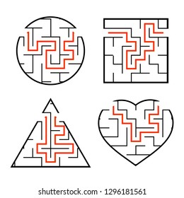 A set of mazes. Circle, square, triangle, heart. Game for kids. Puzzle for children. One entrances, one exit. Labyrinth conundrum. Flat vector illustration isolated on white background. With answer