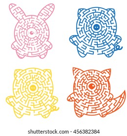 Set of mazes game for kids animals shape. Puzzle for Preschool Children. Rebus or quiz for school