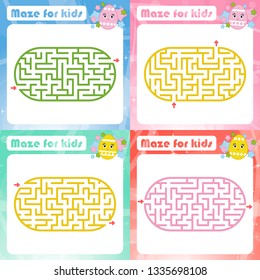 A set of mazes. Game for kids. Puzzle for children. Maze conundrum. Cartoon style. Visual worksheets. Activity page. Color vector illustration