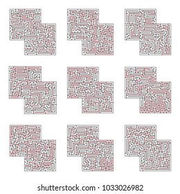 Set of mazes labyrinths. Vector illustration of Nine labyrinths in set. 