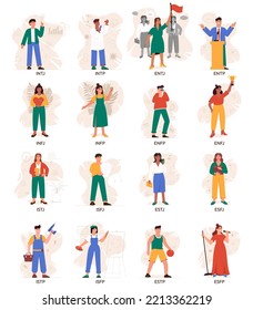 Set of MBTI person types. Socionics mbti. Personality test. Mind behavior concept. Flat vector illustration