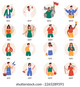 Set of MBTI person types. Socionics mbti. Personality test. Mind behavior concept. Flat vector illustration