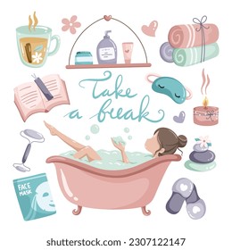 Set of me time clip art. a woman bath in tub, slipper, face mask, book, chamomile tea, towel, shampoo, soap, relaxation