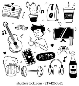 Set Of Me Time Doodle Vector. Man Time Elements Collection