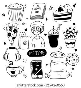 Set Of Me Time Doodle Vector. Woman Time Elements Collection