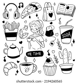 Set Of Me Time Doodle Vector. Woman Time Elements Collection