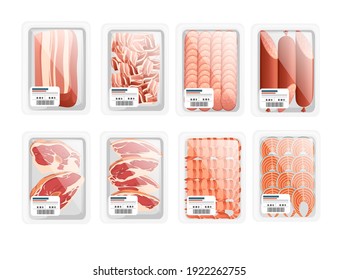 Set of mead and fish food in plastic package for grocery market vector illustration on white background