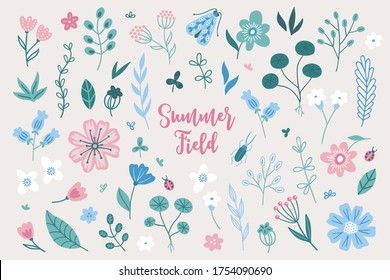 Set of meadow herbs, flowers, nasturtium, berries, moth, bug, leaves, branches isolated on beige background. Perfect for spring and summer greeting cards. Vector illustration
