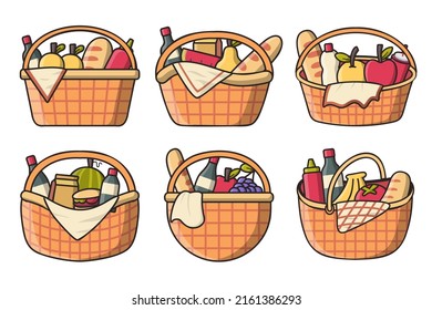 Set of meal, beverage and fruit verious type in picnic basket drawing isolated on white background, vector illustration