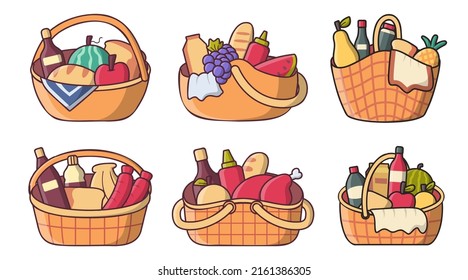 Set of meal, beverage and fruit verious type in picnic basket drawing isolated on white background, vector illustration