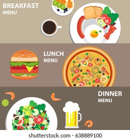 Set of meal, Breakfast Lunch and Dinner. food menu web banner.