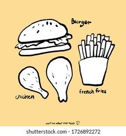 Set meal with burger chicken and french fries in sketch brush style. In two difference types. Isolated on yellow background. Hand drawn vector illustration fast food. Icon american food