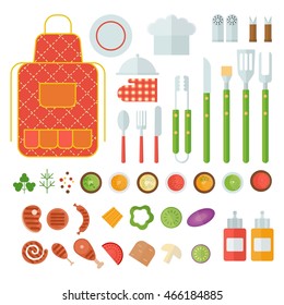 Set meal cooked on the grill. Tools for grilling. Outdoor activities. Cartoon flat vector illustration. Objects isolated on a white background.