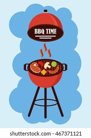Set meal cooked on the grill. Tools for grilling. Outdoor activities. Cartoon flat vector illustration. Objects isolated on a white background.