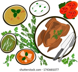 Comida, para la cena y el almuerzo, pollo a la parrilla, curry, con cuchillos y tenedores