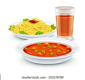 Set meal dinner menu with soup pasta and juice drink. Eps10 vector illustration. Isolated on white background