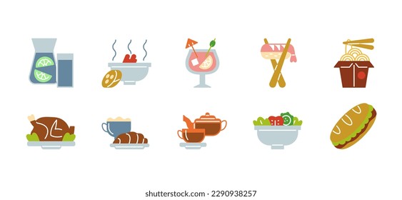 Set of meal icons. Elements of healthy hot restaurant food, drinks, snacks, coffee, tea. Stickers for apps, websites, social media. Cartoon flat vector collection isolated on white background