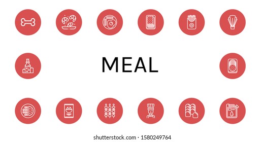 Set of meal icons. Such as Bone, Shrimp, Fried eggs, Meatloaf, French fries, Salad, Meat, Nachos, Shish kebab, Chef, Bread, Oil, Sausage , meal icons