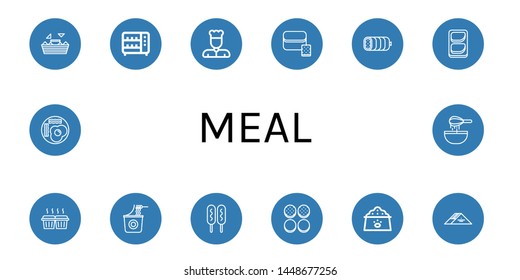 Set Of Meal Icons Such As Nachos, Toaster, Chef, Bread, Boiled, Chicken Breast, Muffin, Instant Noodles, Corn Dog, Burger Bun, Dog Food, Sandwich, Fried Eggs, Dough , Meal