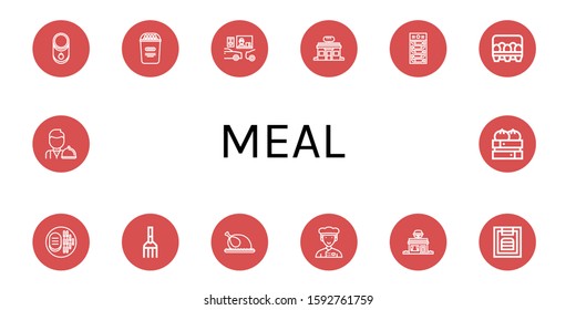 Set of meal icons. Such as Tomato, Popcorn, Drive thru, Bakery, Dried fish, Eggs, Steak, Fork, Chicken, Chef, Restaurant, Menu, Waiter, Dumpling , meal icons