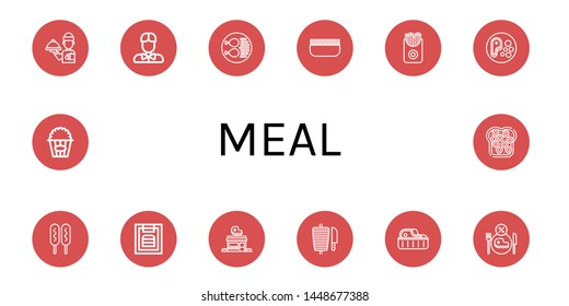 Set of meal icons such as Waiter, Chicken leg, Minced meat, French fries, Steak, Corn dog, Menu, Butcher shop, Shawarma, Restaurant, Popcorn, Caviar , meal