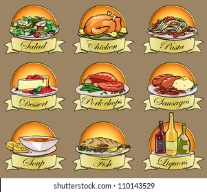 Set of meal labels, hand drawn food logos, text is removable