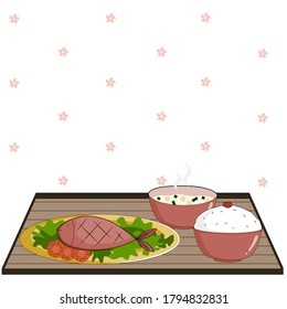 set of meal, rice, soup and fried fish in Japanese style, vector illustration 