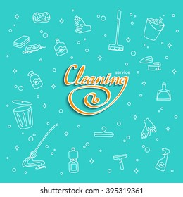 The set of means for cleaning the lettering Cleaning service. Banner with Doodle cleaning: gloves, MOP, trash bucket, detergent, dustpan. Hand-drawn vector illustration isolated on white background.