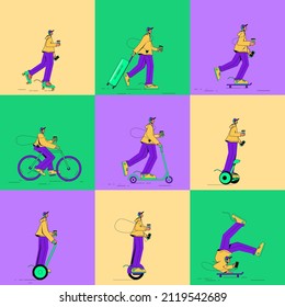 Set means of individual mobility, man on hoverboard, rollers, roller skates, bicycle. Vector illustration in flat cartoon style.