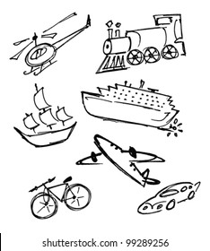 Set of means of transportation - free hand illustration