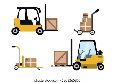 Set of means of transportation of goods in a cartoon style. Vector illustration of different transportation vehicles: yellow forklift, hand trucks with boxes, auto loader with boxes isolated on white.