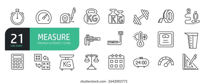 Set Of Measure Icons. Contains such icons as Ruler, Temperature, Dimension, Time, Speed, Gauge, Distance, Area, Measuring Tape, Radius, Diameter, Weight, and more.