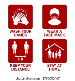 Set of Measure or Instruction Icons against the Spread of Coronavirus Covid-19, including Wash Your Hands, Wear a Face Mask, Keep Your Distance 6 Feet and Stay at Home. Vector Image.