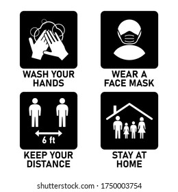 Set of Measure or Instruction Icons against the Spread of Coronavirus Covid-19, including Wash Your Hands, Wear a Face Mask, Keep Your Distance 6 Feet and Stay at Home. Vector Image.