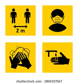 Set of Measure or Instruction Icons against the Spread of Coronavirus Covid-19, including Keep Your Distance 2 m or 2 Metres, Wear a Face Mask, Wash Your Hands and Sanitize Your Hands. Vector Image.