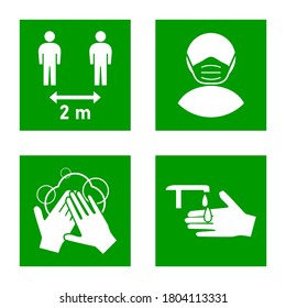 Set of Measure or Instruction Icons against the Spread of Coronavirus Covid-19, including Keep Your Distance 2 m or 2 Metres, Wear a Face Mask, Wash Your Hands and Sanitize Your Hands. Vector Image.