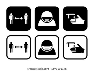 Set of Measure or Instruction Icons against the Spread of Coronavirus Covid-19, including Keep Your Distance, Wear Face Masks and Sanitize Your Hands. Vector Image.