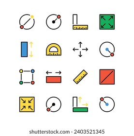 Conjunto de iconos de medida relacionados, redimensionamiento, radio, profundidad, área, diámetro y vectores de variedad lineal.
