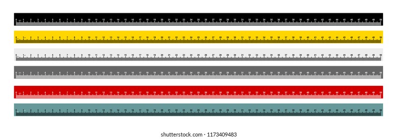 Set of measure tape ruler metric measurement. Metric ruler. 50 centimeters metric ruler with black, yellow, gray, red and gray blue color. Vector illustration. Isolated on white background.