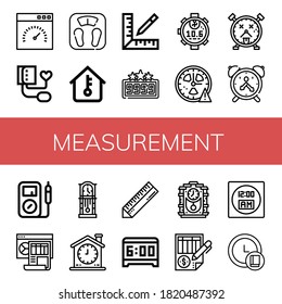 Set von Messsymbolen. Geschwindigkeitsmesser, Blutdruck, Badezimmerskala, Temperatur, Lineal, Hoch, Stoppuhr, Uhr, Wecker, Multimeter, Dashboard, Messsymbole