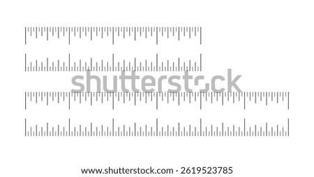 Set of measuring chart with 4, 6 inches. Ruler scales. Sewing tool mockup. Length measurement math, distance, height ruler pattern. Graphic flat minimalist illustration.